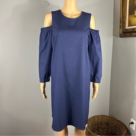 Halogen New Cold Shoulder Shift 3/4 Sleeve Blue Denim Dress Size Large - Picture 1 of 12